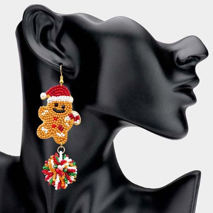 Gingerbread Man Seed Beaded Ball Dangle Earrings