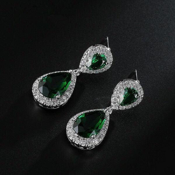 Green Crystal Rhinestone Silver Teardrop Dangle Earrings-Earring-SPARKLE ARMAND