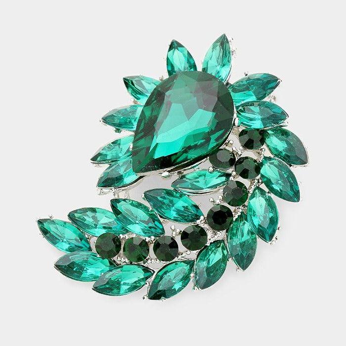 Green Glass Crystal Marquise Cluster Silver Brooch