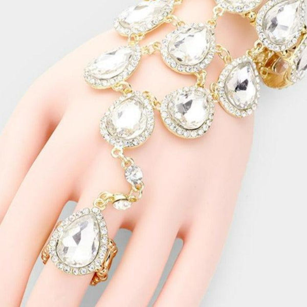 Hand Chain Clear Crystal Rhinestone Pave Evening Bracelet