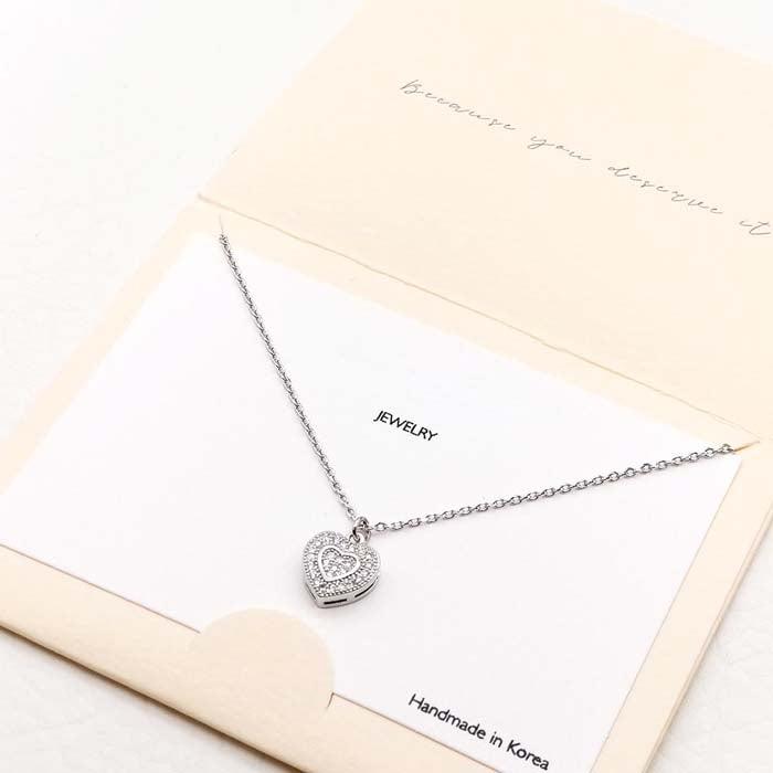 Heart Rhinestone Embellished Silver Pendant Necklace