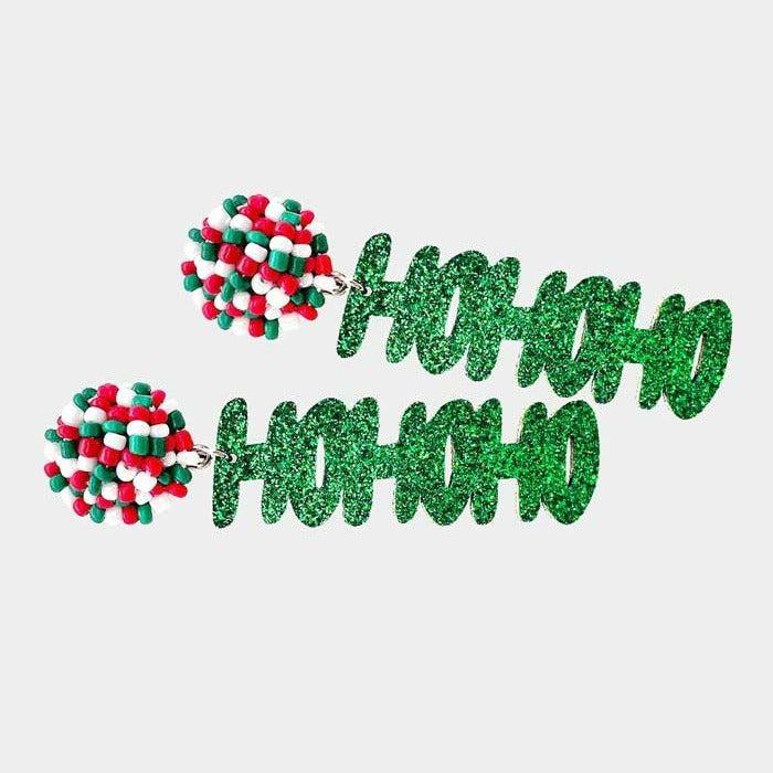 Ho Ho Ho Green Glitter Dangle Earrings