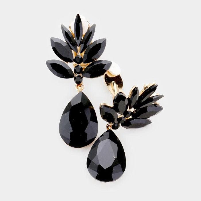 Marquise Black Crystal Teardrop Dangle Clip On Earrings