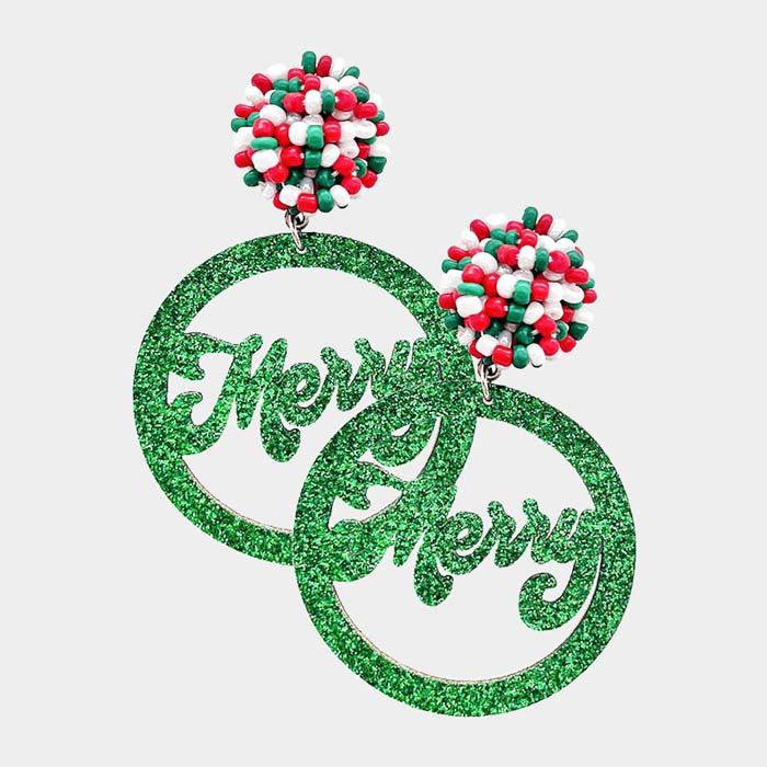 Merry Green Glitter Circle Dangle Earrings