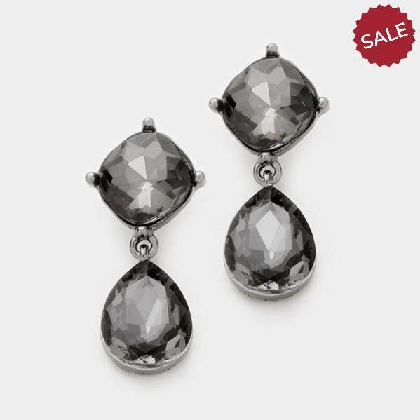 Charcoal Black Crystal Teardrop Evening Dangle Pierced Earrings by Miro Crystal Collection