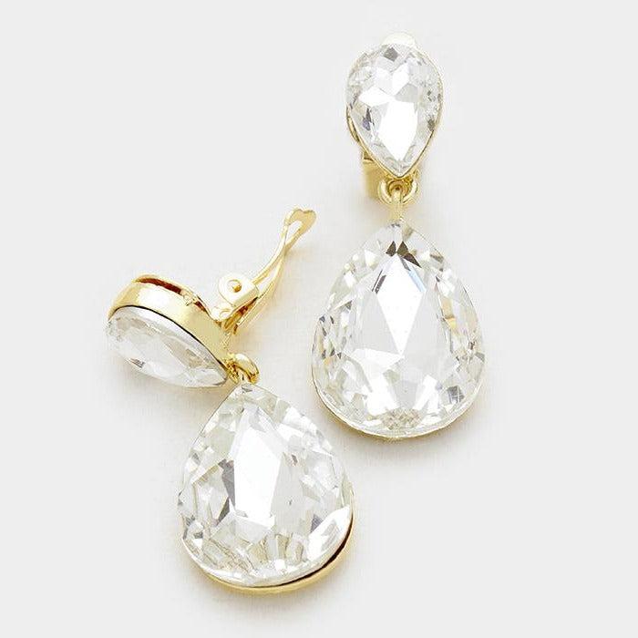 Clear Crystal Double Teardrop Gold Clip-On Earrings by Miro Crystal Collection