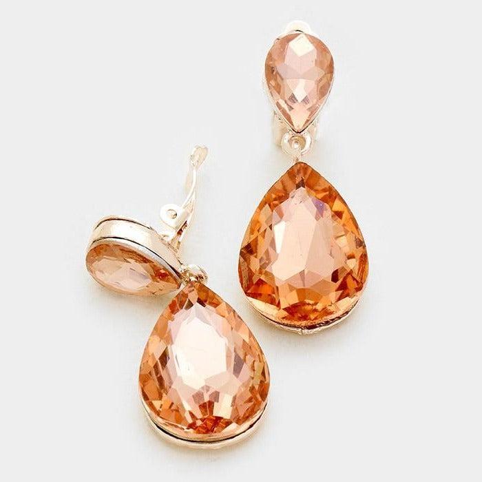 Peach Crystal Double Teardrop Gold Clip-On Earrings by Miro Crystal Collection