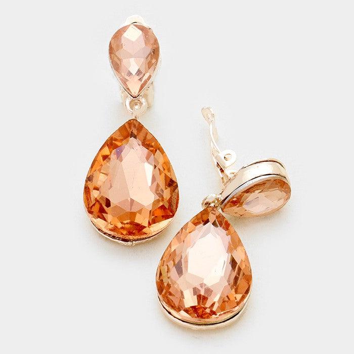 Peach Crystal Double Teardrop Gold Clip-On Earrings by Miro Crystal Collection