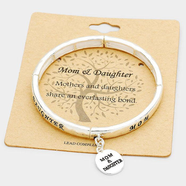 "Mom & Daughter" Metal Disc Charm Stretch Bracelet