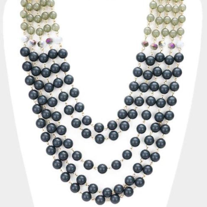 Multi Strand Gray Beaded Bib Necklace Set-Necklace-SPARKLE ARMAND