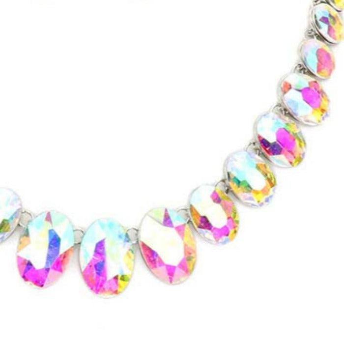 Oval Abalone Crystal Link Evening Silver Necklace Set
