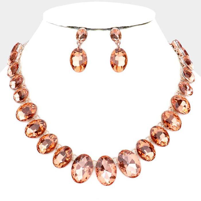 Oval Peach Crystal Link Evening Rose Gold Necklace Set