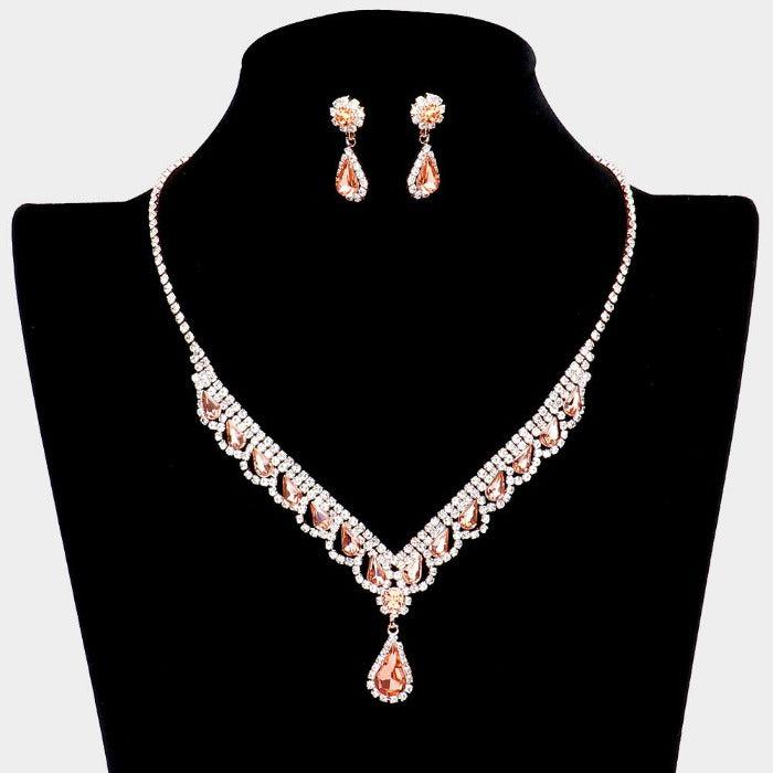 Peach Teardrop Stone Accented Rhinestone Necklace Sparkle Armand