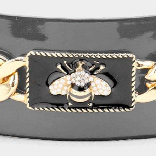 Pearl Honey Bee Gray Metal Chain Cuff Bracelet