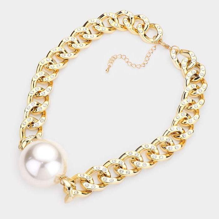 Pearl Pendant Rhinestone Embellished Chain Necklace