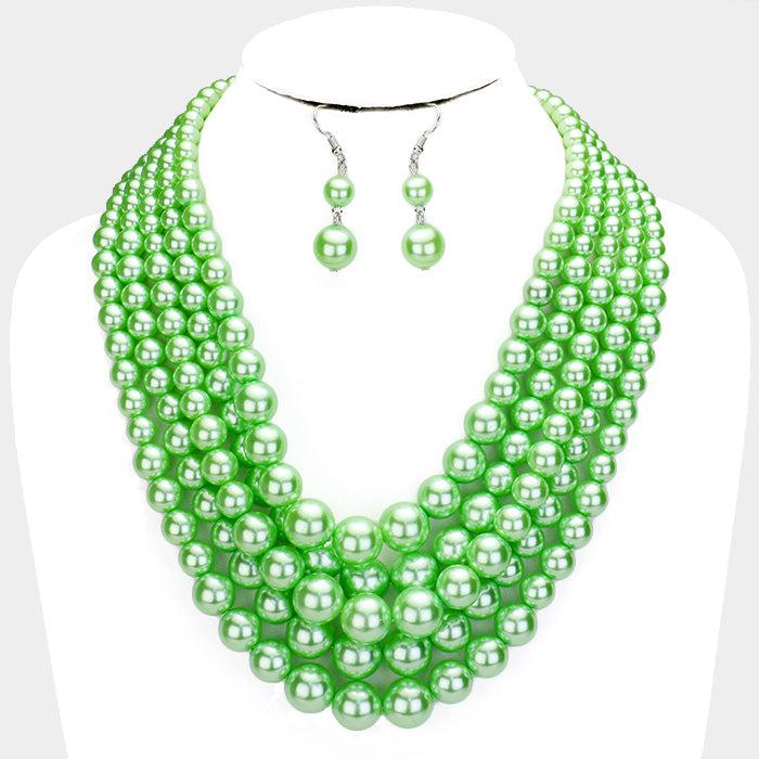  5 Strand Green Pearl (faux) Necklace & Earring Set by Sophia Collection