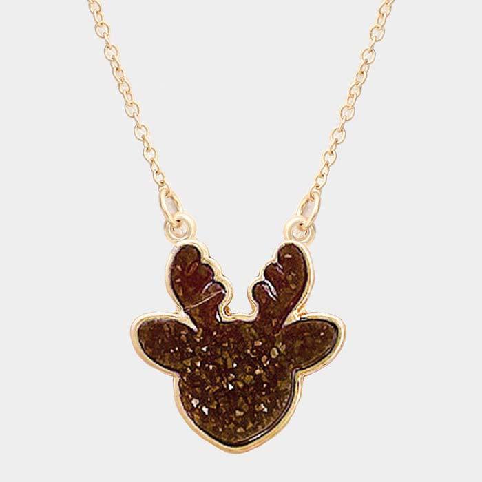 Reindeer Brown Druzy Gold Pendant Necklace