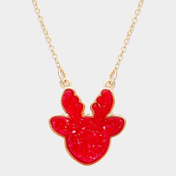 Reindeer Red Druzy Gold Pendant Necklace