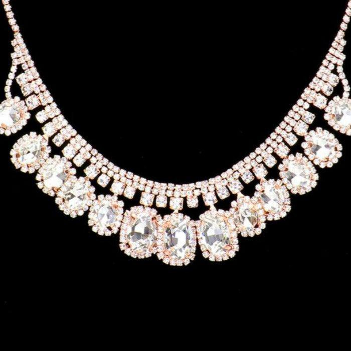 Rhinestone Trim Oval Stone Accented Rose Gold Necklace Set Sparkle Armand