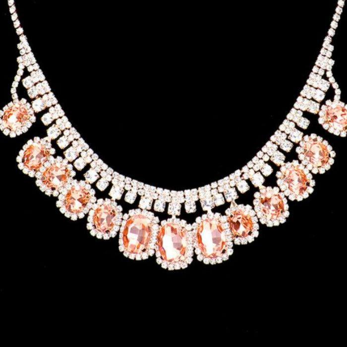 Rhinestone Trim Peach Oval Stone Accented Necklace Set Sparkle Armand