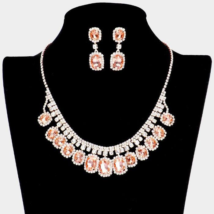 Rhinestone Trim Peach Oval Stone Accented Necklace Set Sparkle Armand