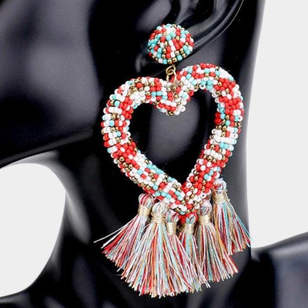 Seed Bead Heart Multi Tassel Earrings-Earring-SPARKLE ARMAND