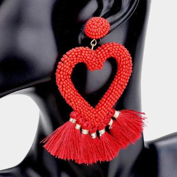 Seed Bead Heart Red Tassel Earrings-Earring-SPARKLE ARMAND