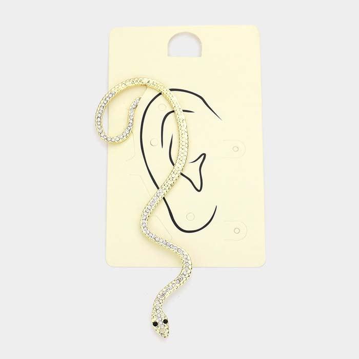 Snake Ear Cuff Rhinestone Embellished Gold Metal Earrings