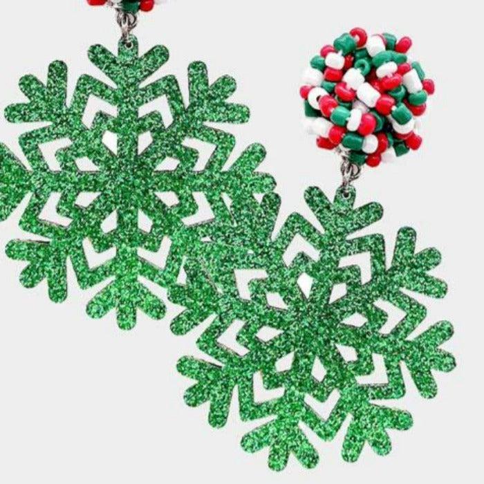 Snowflake Green Glitter Dangle Earrings