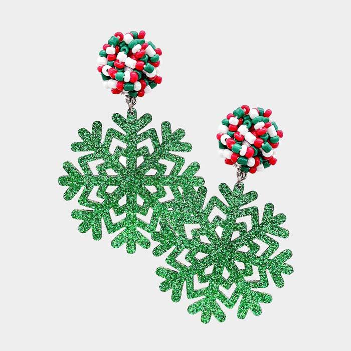 Snowflake Green Glitter Dangle Earrings