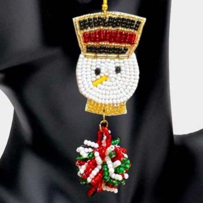 Snowman Seed Beaded Ball Dangle Earrings