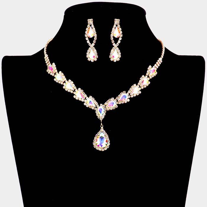 Teardrop Abalone Stone Accented Rhinestone Gold Necklace Set