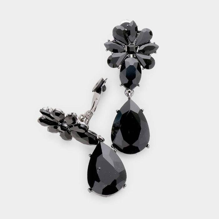 Teardrop Black Crystal Oval Floral Evening Clip On Earrings