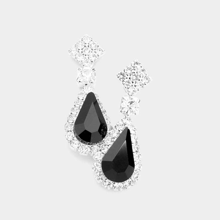 Teardrop Black Stone Accented Dangle Evening Earrings