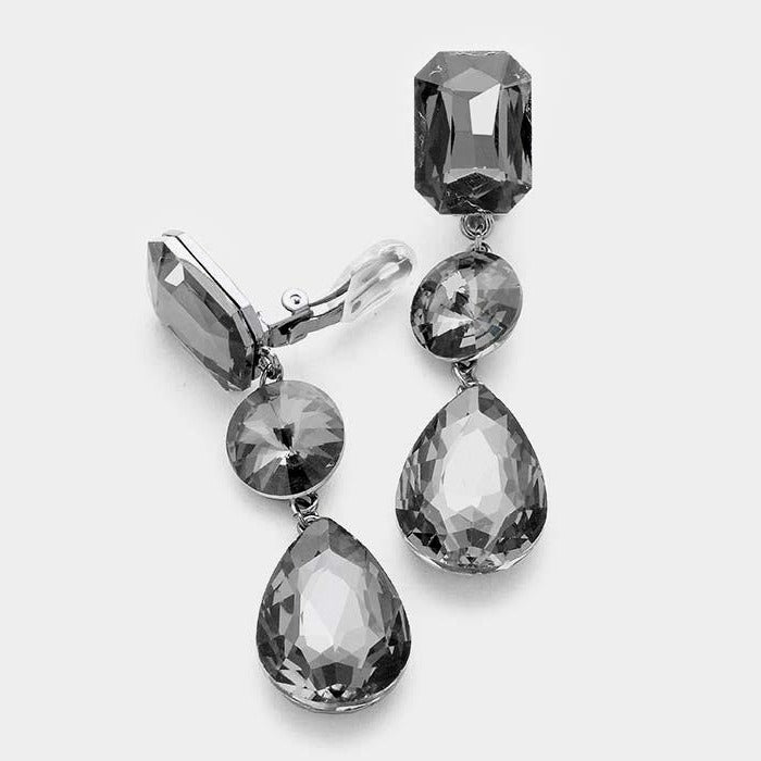 Triple Black Crystal Gunmetal Clip On Earrings