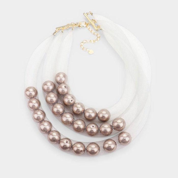 Triple Mesh White Tube Brown Pearl Necklace Set