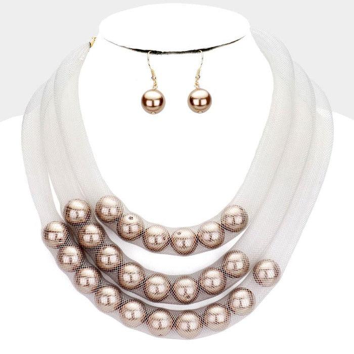 Triple Mesh White Tube Brown Pearl Necklace Set