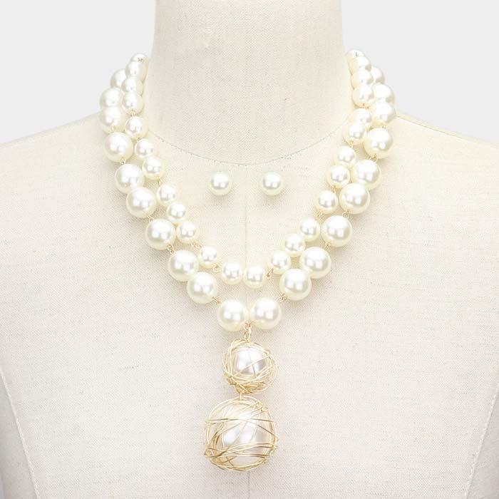 Wire Wrapped Double Pearl Link Pendant Layered Necklace Set